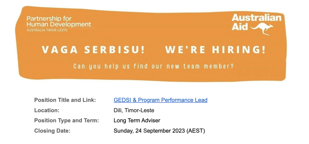 Job Announcement: GEDSI & Program Performance Lead (Closing date: Sunday 24 September 2023)