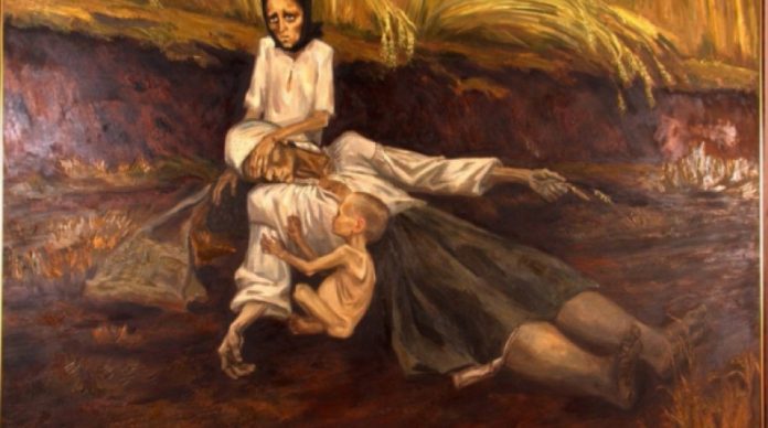 Description: “Mother of 1933”: on the wheat there is a dead mother lying on knees of her daughter. At the mother’s body there is a baby with bloated stomach, due to starvation, which tries to wake up his mother. The author of these paintings is Nina Marchenko. Ukrainian artist wrote these paintings in the 1990s when the Soviet Union collapsed, and with it destroying a ban on the truth about the crimes of Soviet totalitarianism. Pictures are from the private collection of Morgan Williams.